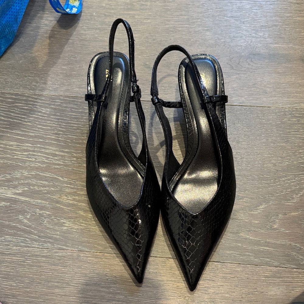 Zara Black Textured Slingback Heels